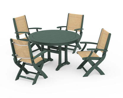 POLYWOOD® Coastal Folding Chair 5-Piece Round Dining Set with Trestle Legs in Green / Dupioni Apricot Sling