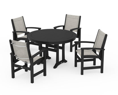 POLYWOOD® Coastal 5-Piece Round Dining Set with Trestle Legs in Black / Birch Sling