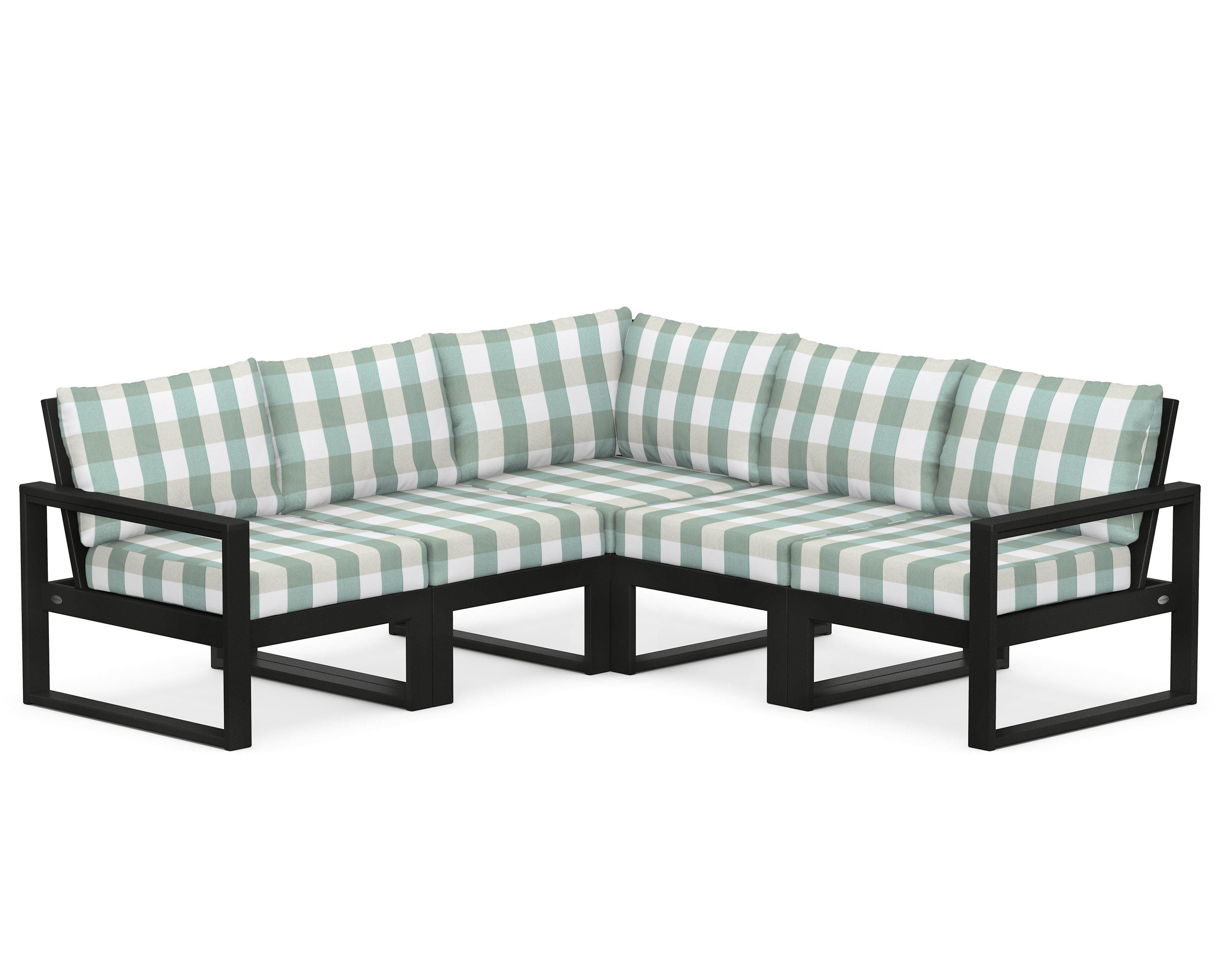 POLYWOOD® EDGE 5-Piece Modular Deep Seating Set in Black / Buffalo Plaid Glacier Spa