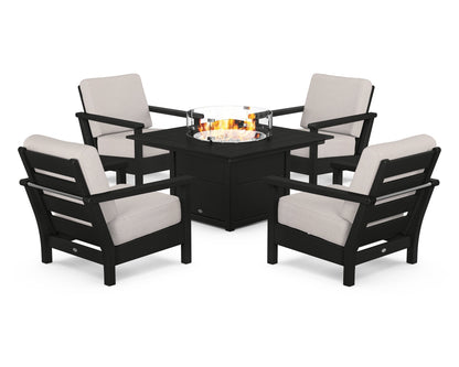 POLYWOOD® Harbour 5-Piece Conversation Set with Fire Pit Table in Black / Dune Burlap