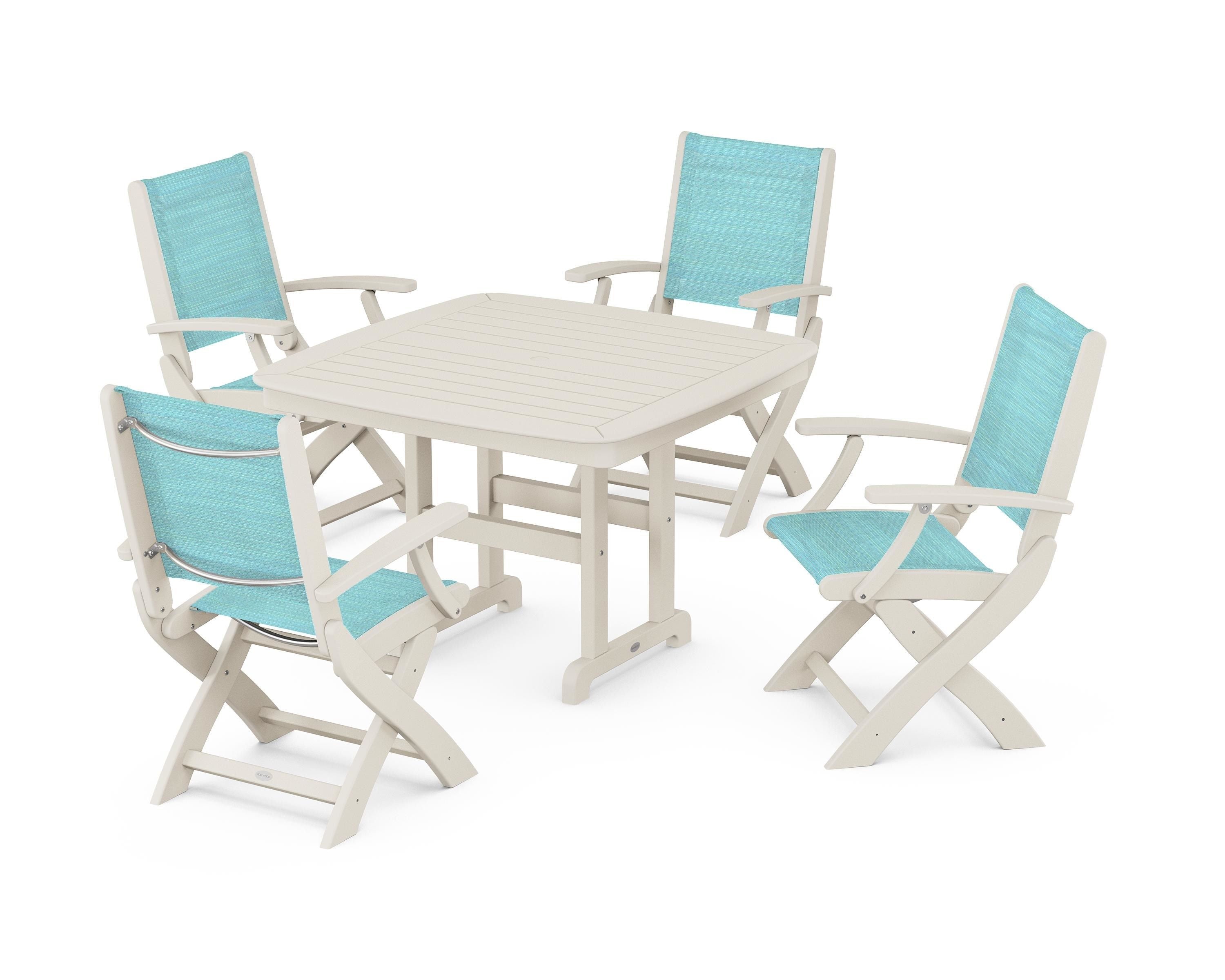 POLYWOOD® Coastal Folding Chair 5-Piece Dining Set in Sand / Dupioni Aquamarine Sling