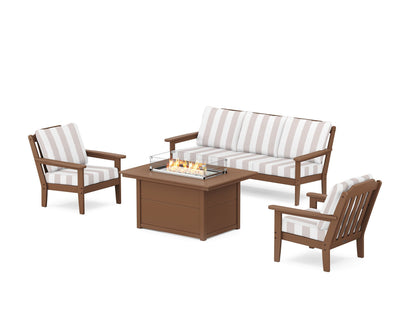 Country Living Cottage Deep Seating Fire Pit Table Set in Teak / Cabana Stripe Dune Burlap
