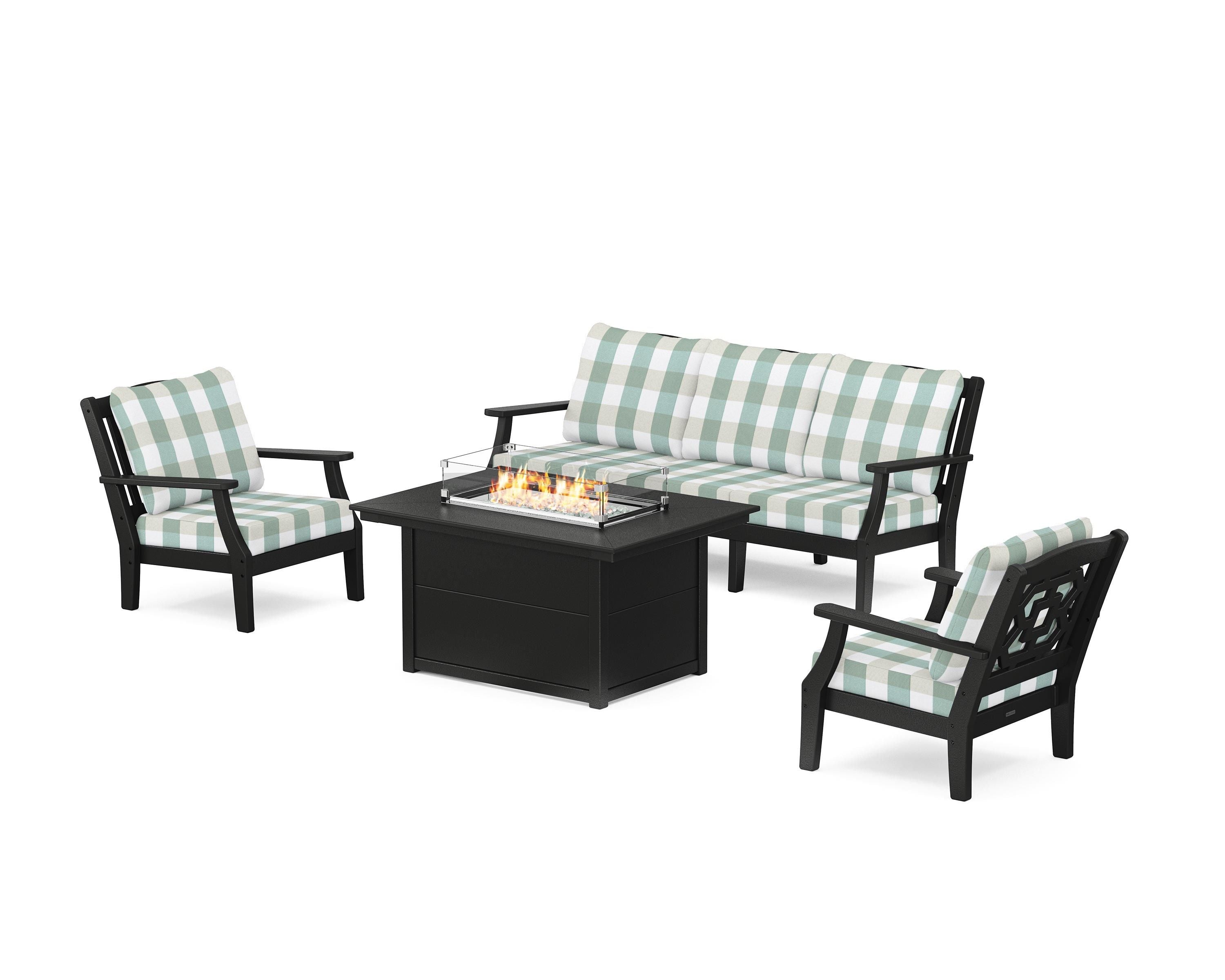Martha Stewart by POLYWOOD® Chinoiserie Deep Seating Fire Pit Table Set in Black / Buffalo Plaid Glacier Spa