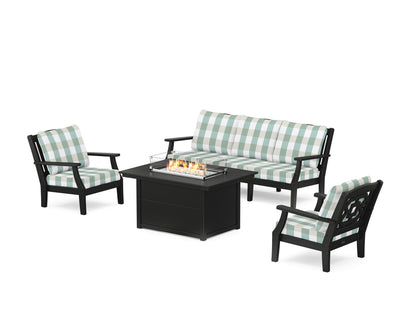 Martha Stewart by POLYWOOD® Chinoiserie Deep Seating Fire Pit Table Set in Black / Buffalo Plaid Glacier Spa