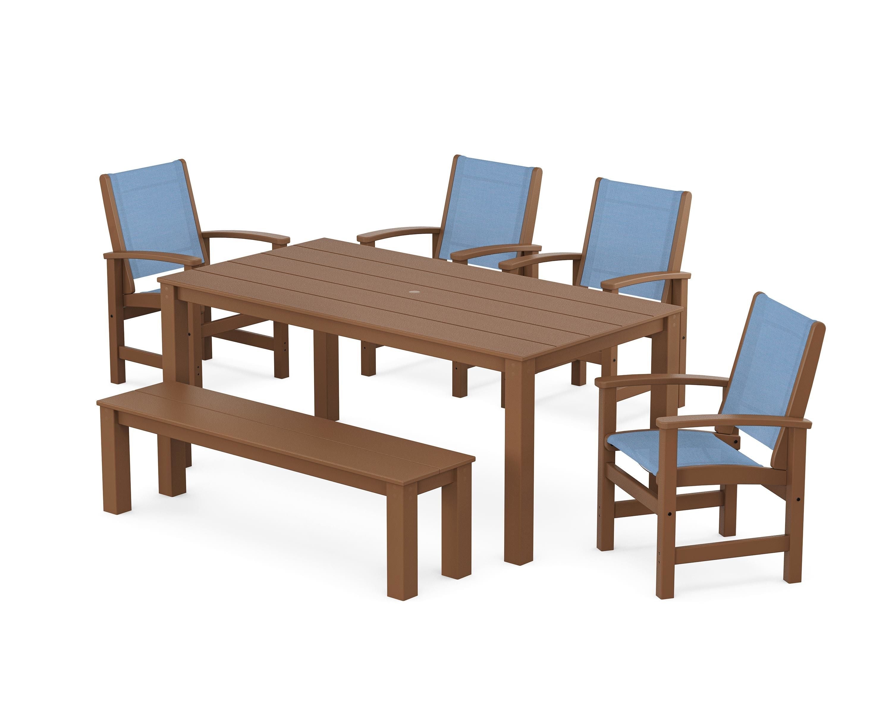 POLYWOOD® Coastal 6-Piece Parsons Dining Set with Bench in Teak / Poolside Sling