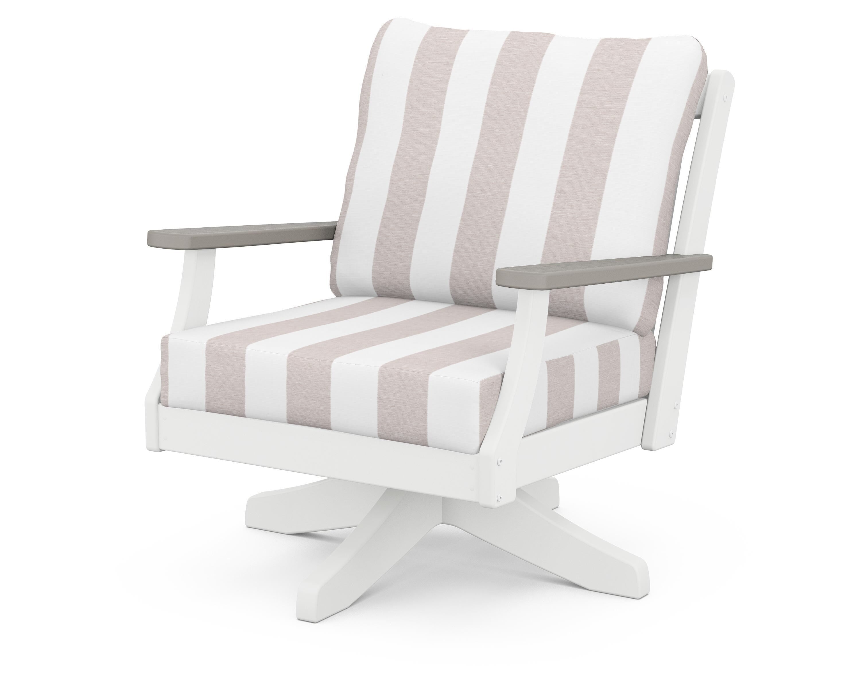 POLYWOOD® Braxton Deep Seating Swivel Chair in White / Driftwood / Cabana Stripe Dune Burlap