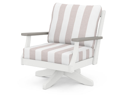 POLYWOOD® Braxton Deep Seating Swivel Chair in White / Driftwood / Cabana Stripe Dune Burlap