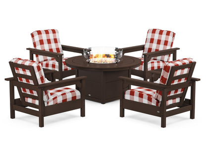 POLYWOOD® Club 5-Piece Conversation Set with Fire Pit Table in Mahogany / Buffalo Plaid Crimson