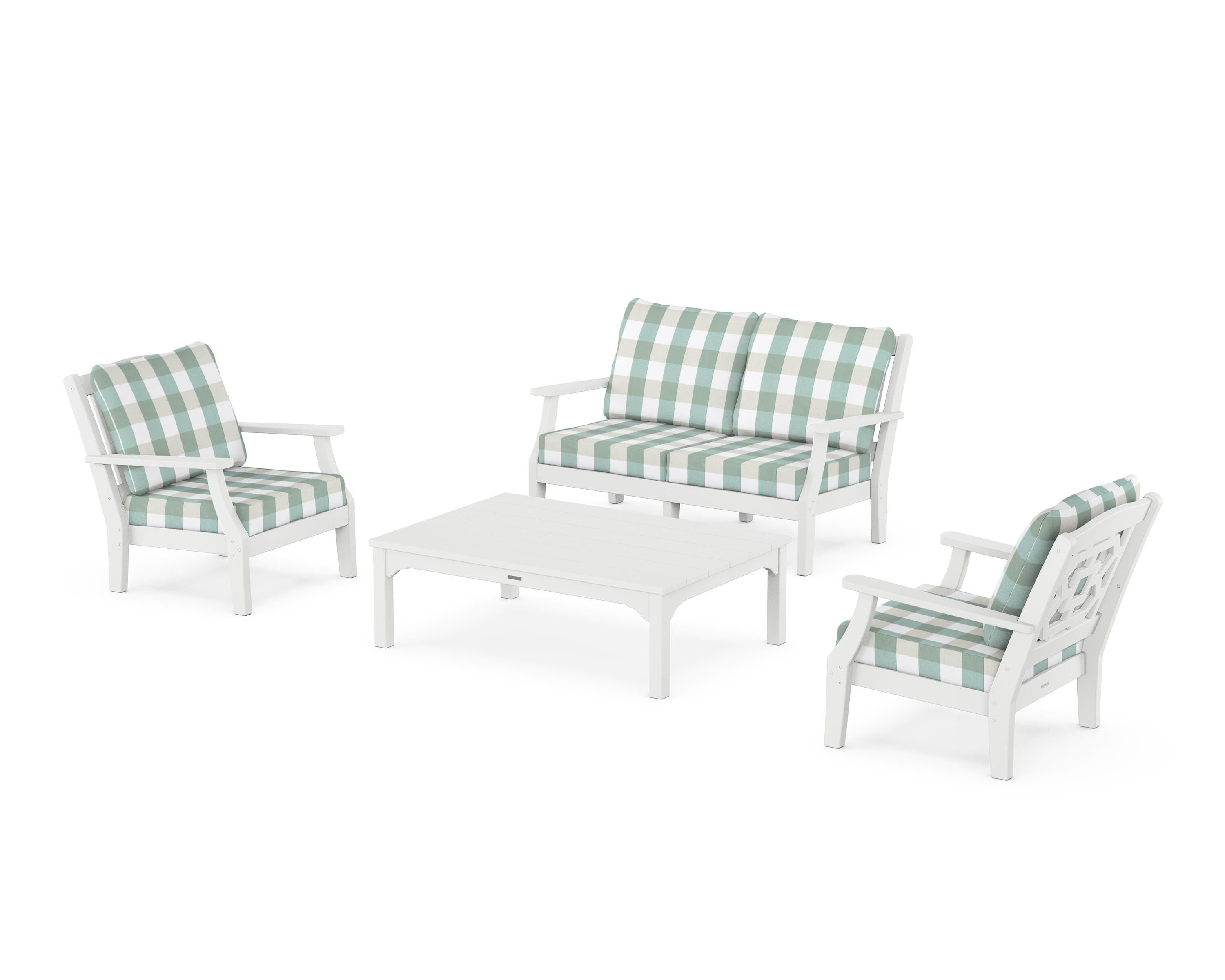 Martha Stewart by POLYWOOD® Chinoiserie 4-Piece Deep Seating Set with Loveseat in White / Buffalo Plaid Glacier Spa