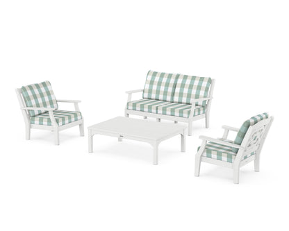 Martha Stewart by POLYWOOD® Chinoiserie 4-Piece Deep Seating Set with Loveseat in White / Buffalo Plaid Glacier Spa