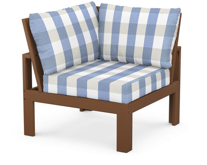 Unbranded Modular Corner Chair in Teak / Buffalo Plaid Sky Blue