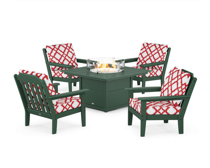 Country Living Cottage 5-Piece Deep Seating Set with Fire Pit Table in Green / Trellis Crimson