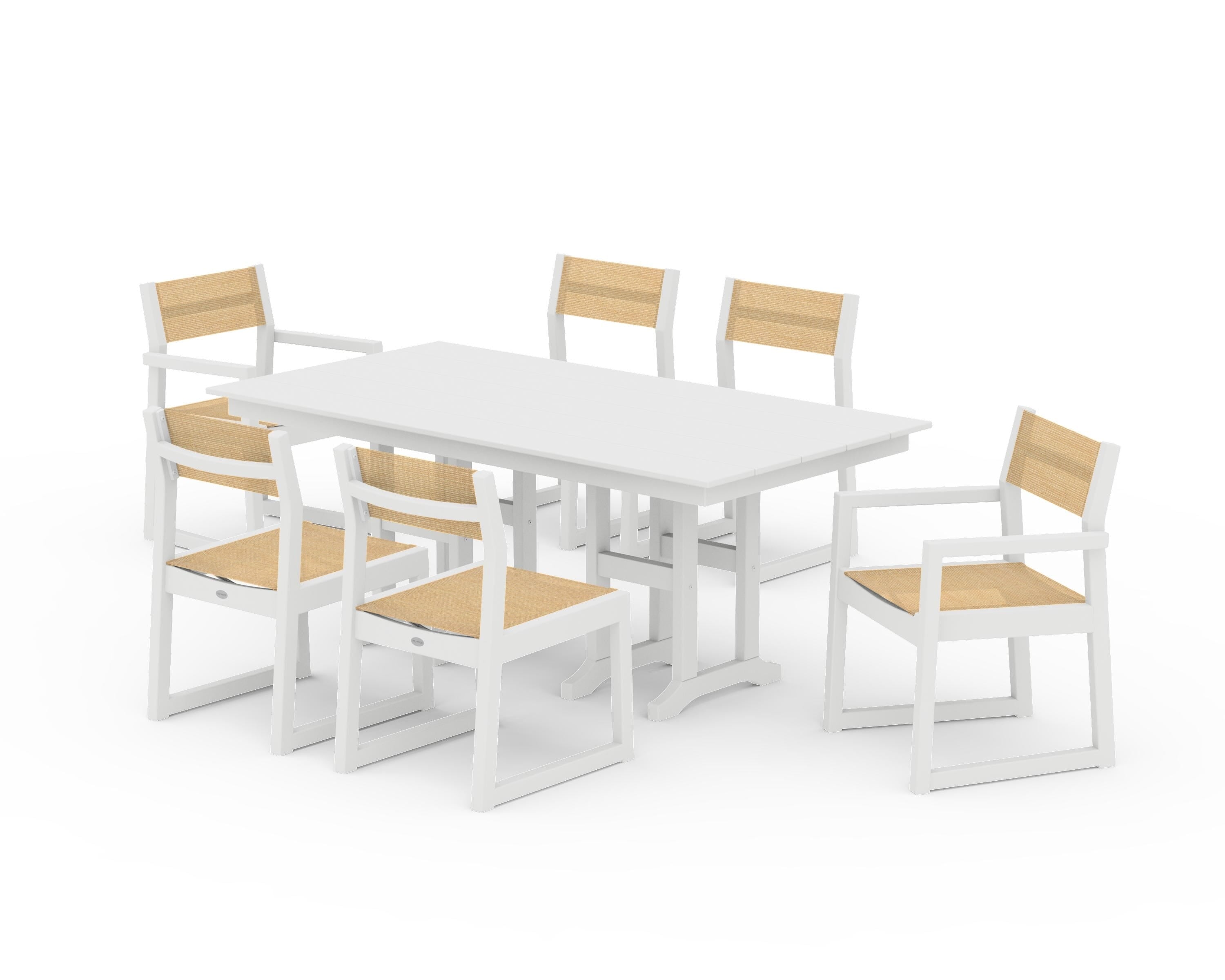 POLYWOOD® EDGE Sling 7-Piece Farmhouse Dining Set in White / Dupioni Apricot Sling