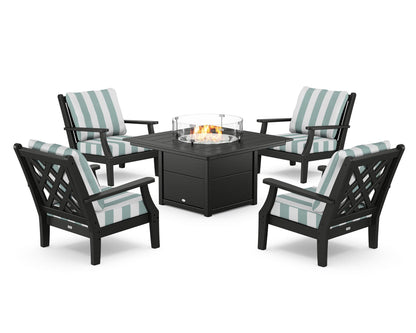 Country Living Wovendale 5-Piece Deep Seating Set with Fire Pit Table in Black / Cabana Stripe Glacier Spa