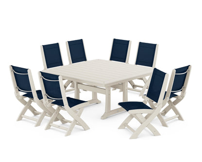 POLYWOOD® Coastal Folding Side Chair 9-Piece Dining Set with Trestle Legs in Sand / Navy Blue Sling