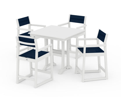 POLYWOOD® EDGE Sling Arm Chair 5-Piece Farmhouse Counter Set with Trestle Legs in White / Navy Blue Sling