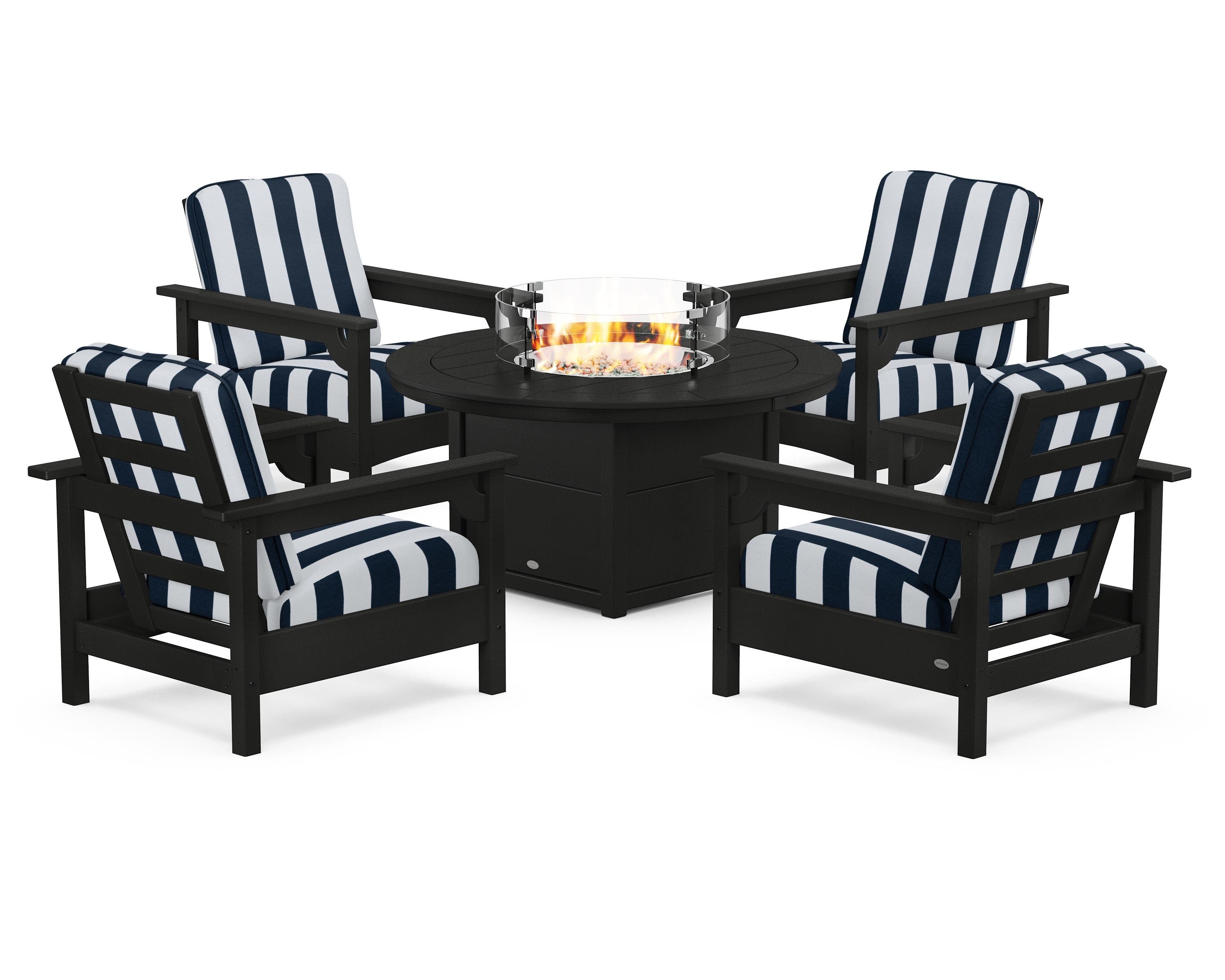 POLYWOOD® Club 5-Piece Conversation Set with Fire Pit Table in Black / Cabana Stripe Marine Indigo