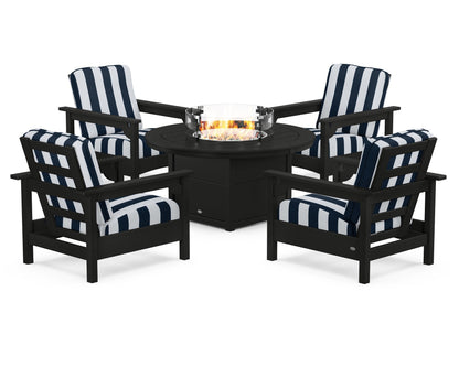 POLYWOOD® Club 5-Piece Conversation Set with Fire Pit Table in Black / Cabana Stripe Marine Indigo