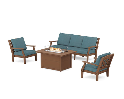 Martha Stewart by POLYWOOD® Chinoiserie Deep Seating Fire Pit Table Set in Teak / Ocean Teal
