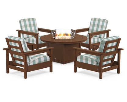 POLYWOOD® Club 5-Piece Conversation Set with Fire Pit Table in Teak / Buffalo Plaid Glacier Spa