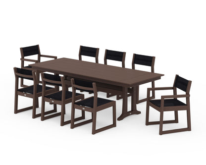 POLYWOOD® EDGE Sling 9-Piece Farmhouse Trestle Dining Set in Mahogany / Black Sling