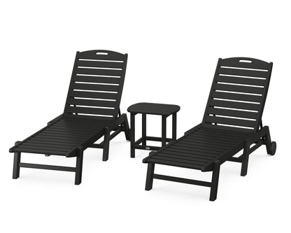 POLYWOOD® Nautical 3-Piece Chaise Lounge with Wheels Set with South Beach 18" Side Table in Black