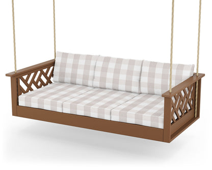 POLYWOOD® Chippendale Daybed Swing in Teak / Buffalo Plaid Dune Burlap