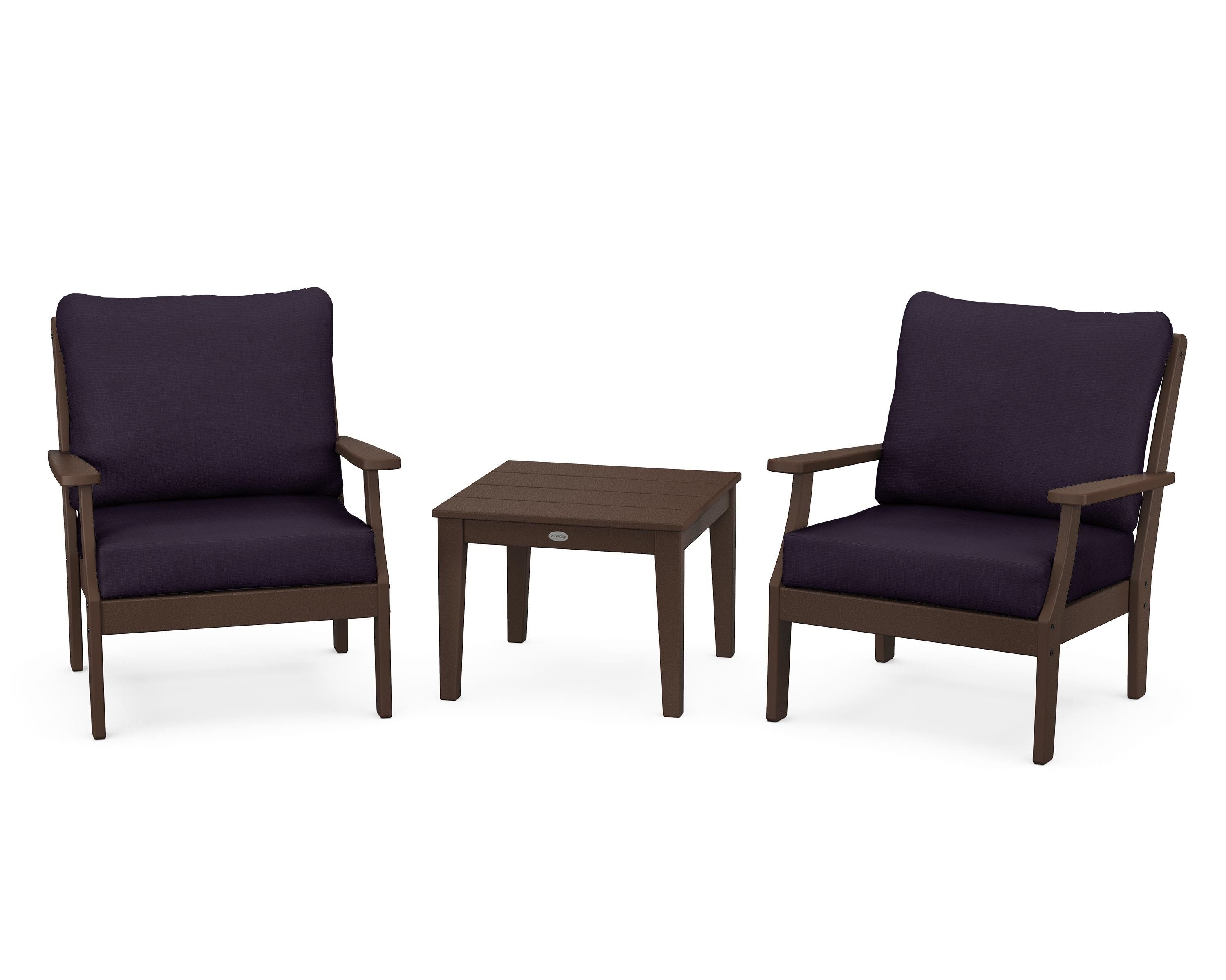 POLYWOOD® Braxton 3-Piece Deep Seating Set in Mahogany / Navy Linen