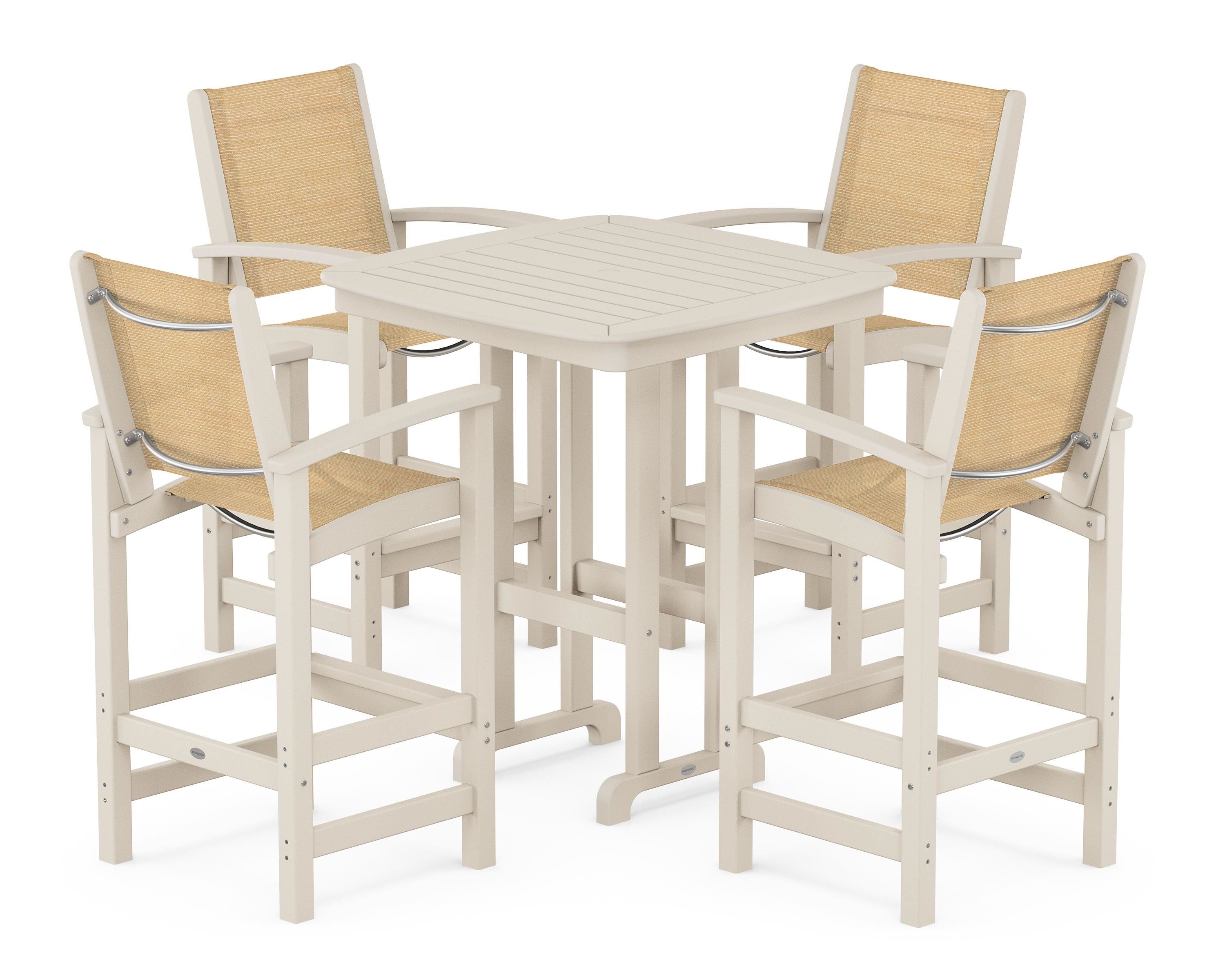 POLYWOOD® Coastal 5-Piece Bar Set in Sand / Dupioni Apricot Sling