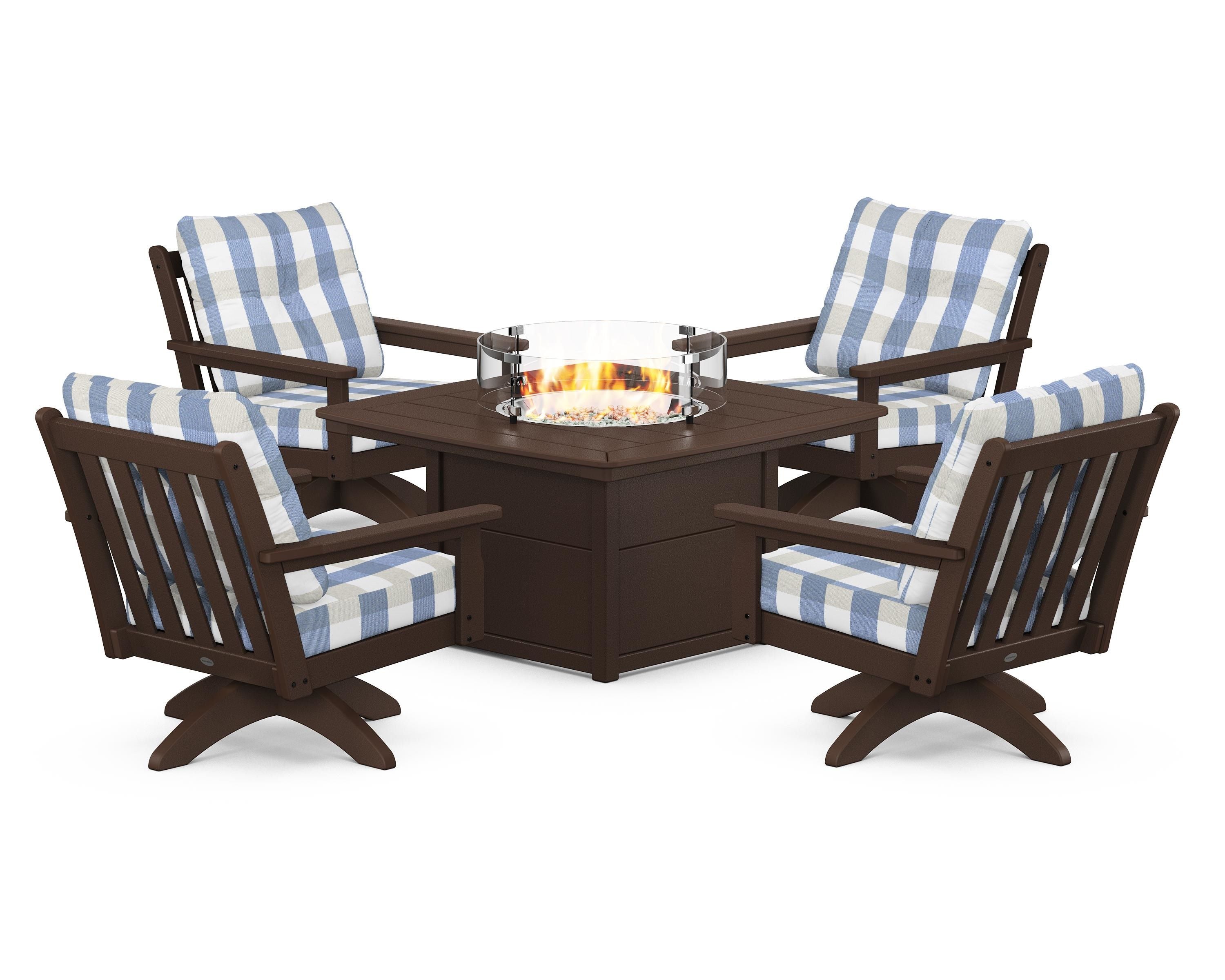 POLYWOOD® Vineyard 5-Piece Deep Seating Swivel Conversation Set with Fire Pit Table in Mahogany / Buffalo Plaid Sky Blue