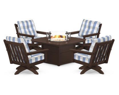 POLYWOOD® Vineyard 5-Piece Deep Seating Swivel Conversation Set with Fire Pit Table in Mahogany / Buffalo Plaid Sky Blue