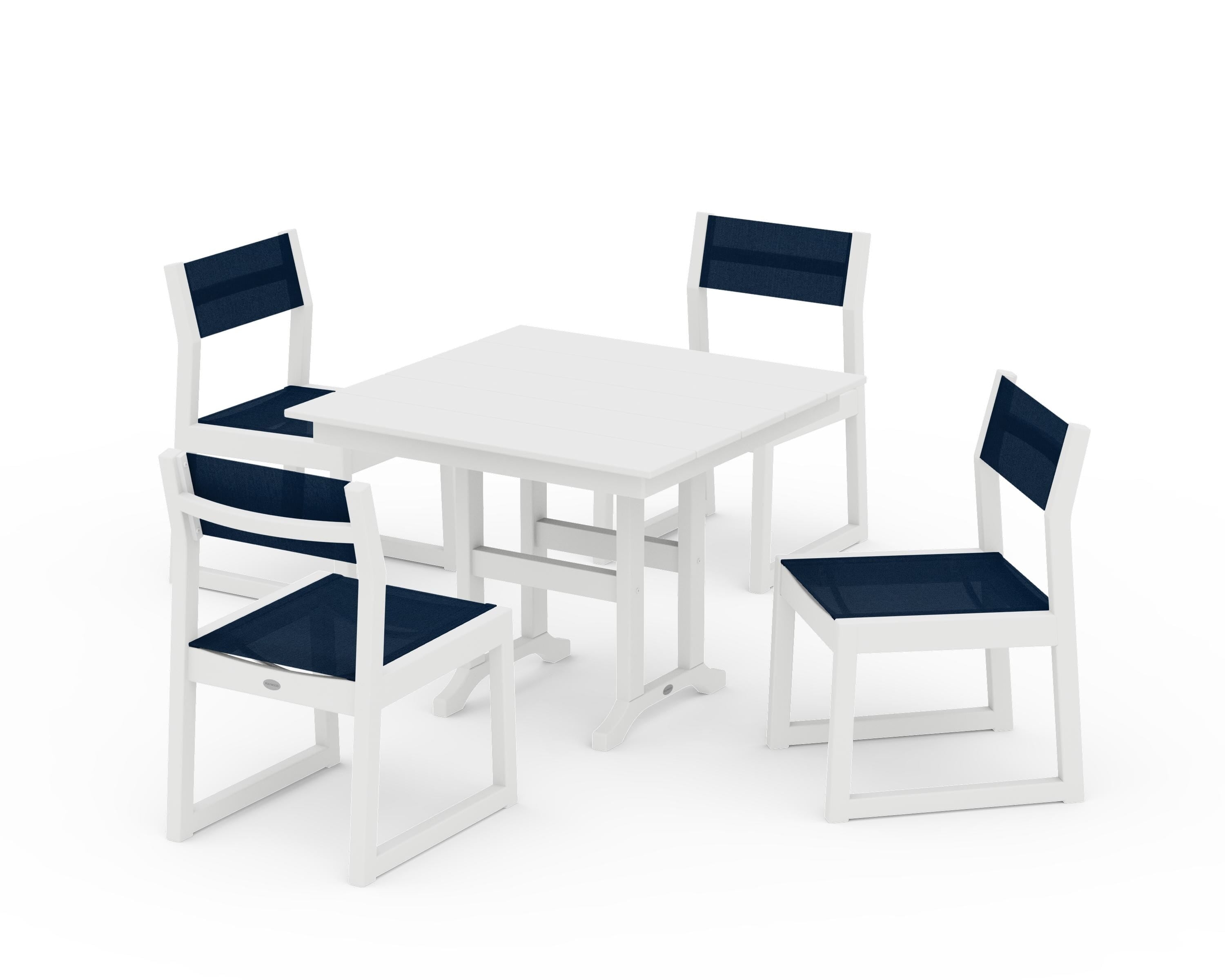 POLYWOOD® EDGE Sling Side Chair 5-Piece Farmhouse Dining Set in White / Navy Blue Sling