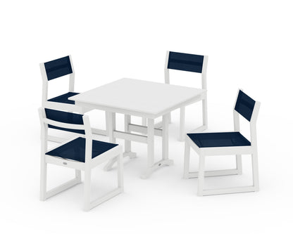 POLYWOOD® EDGE Sling Side Chair 5-Piece Farmhouse Dining Set in White / Navy Blue Sling