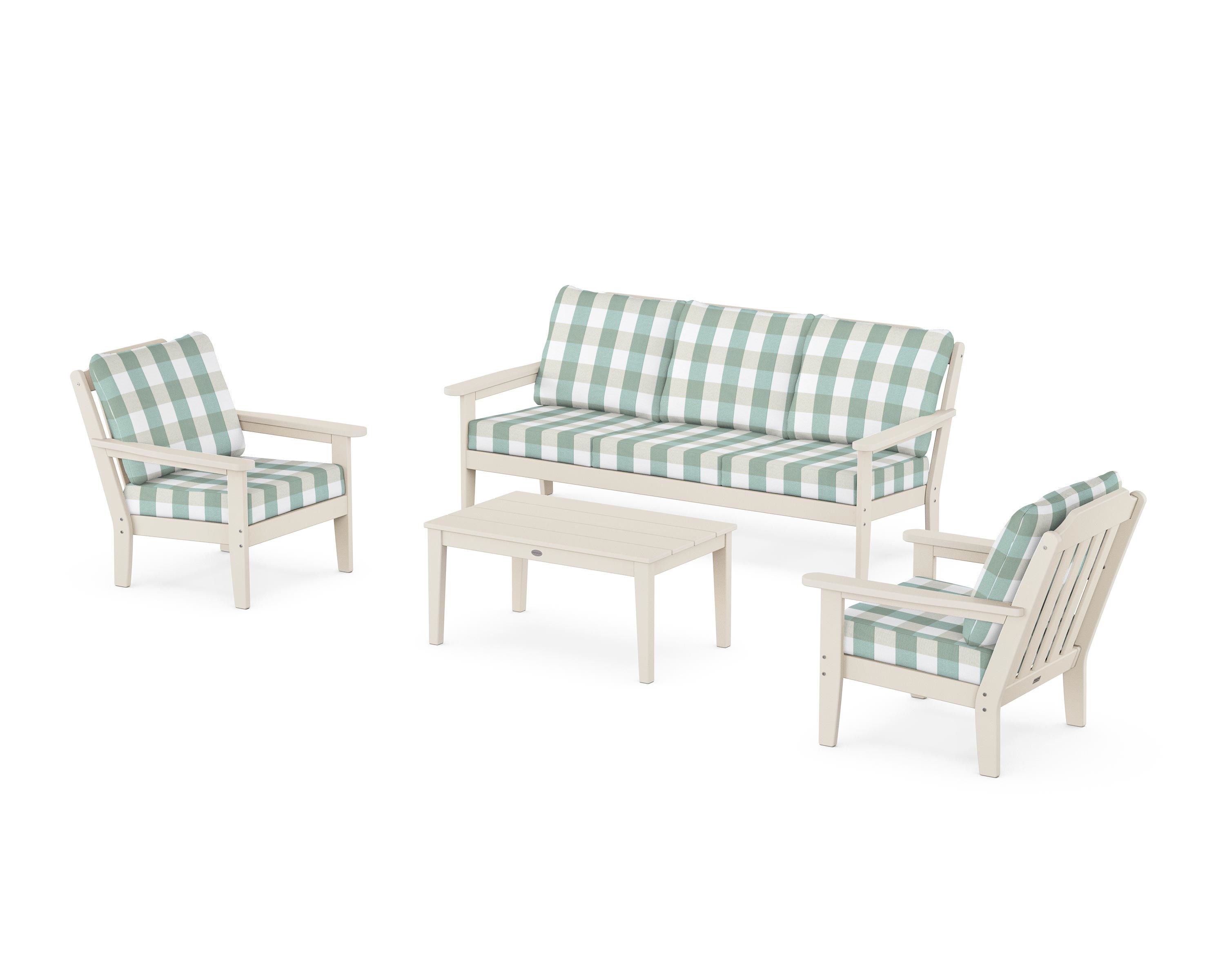 Country Living Cottage 4-Piece Deep Seating Set with Sofa in Sand / Buffalo Plaid Glacier Spa