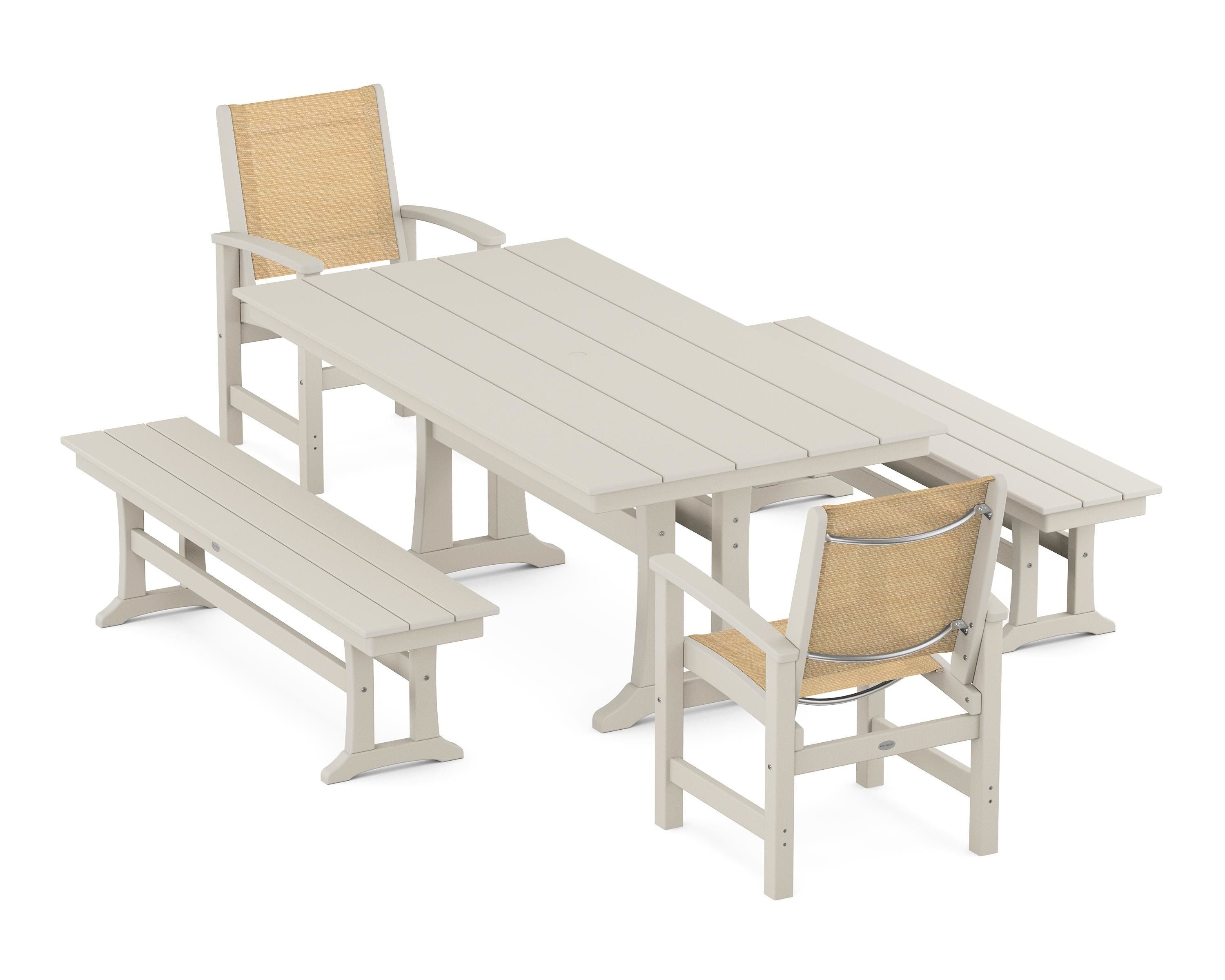 POLYWOOD® Coastal 5-Piece Farmhouse Dining Set with Trestle Legs and Benches in Sand / Dupioni Apricot Sling