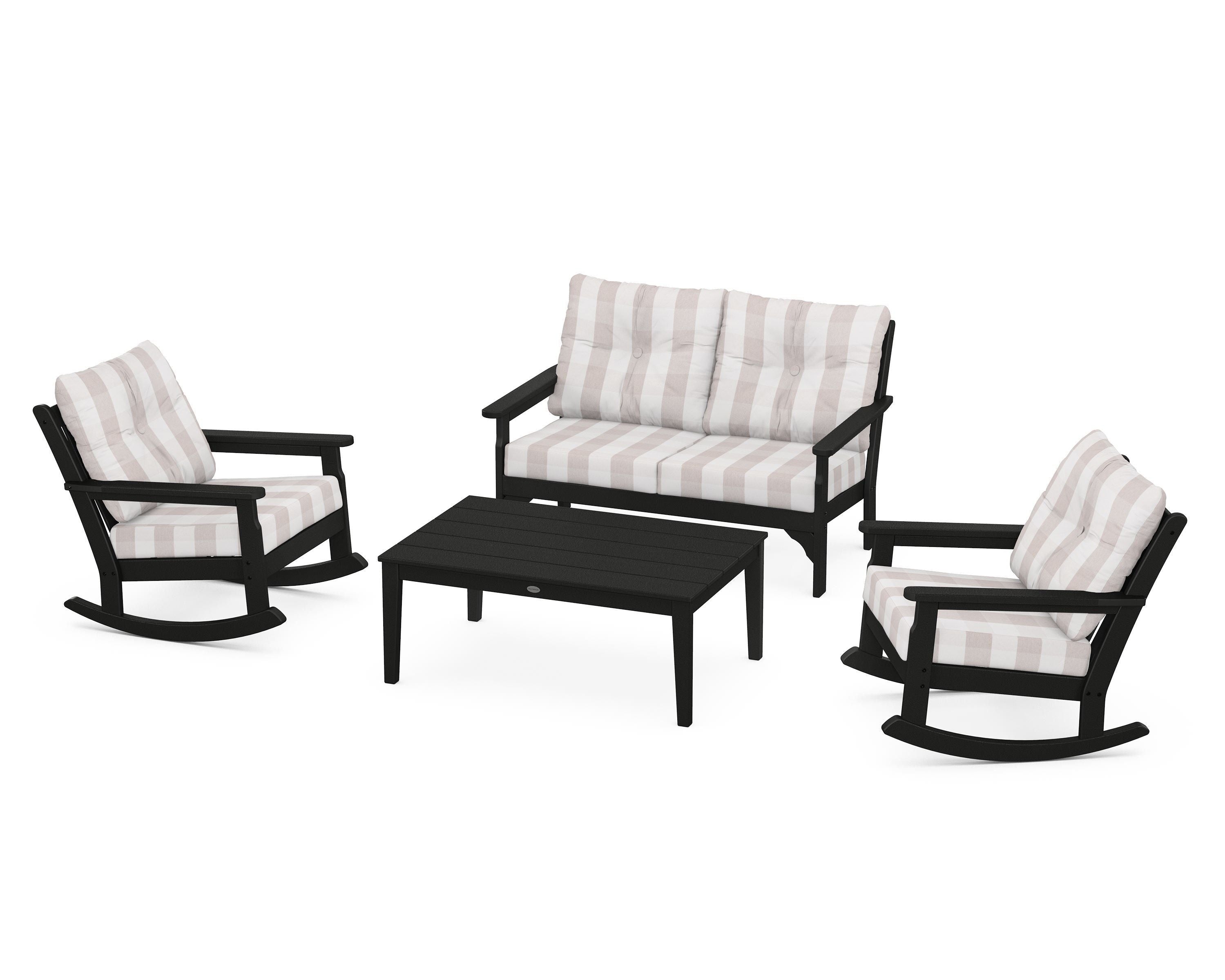 POLYWOOD® Vineyard 4-Piece Deep Seating Rocking Chair Set in Black / Buffalo Plaid Dune Burlap