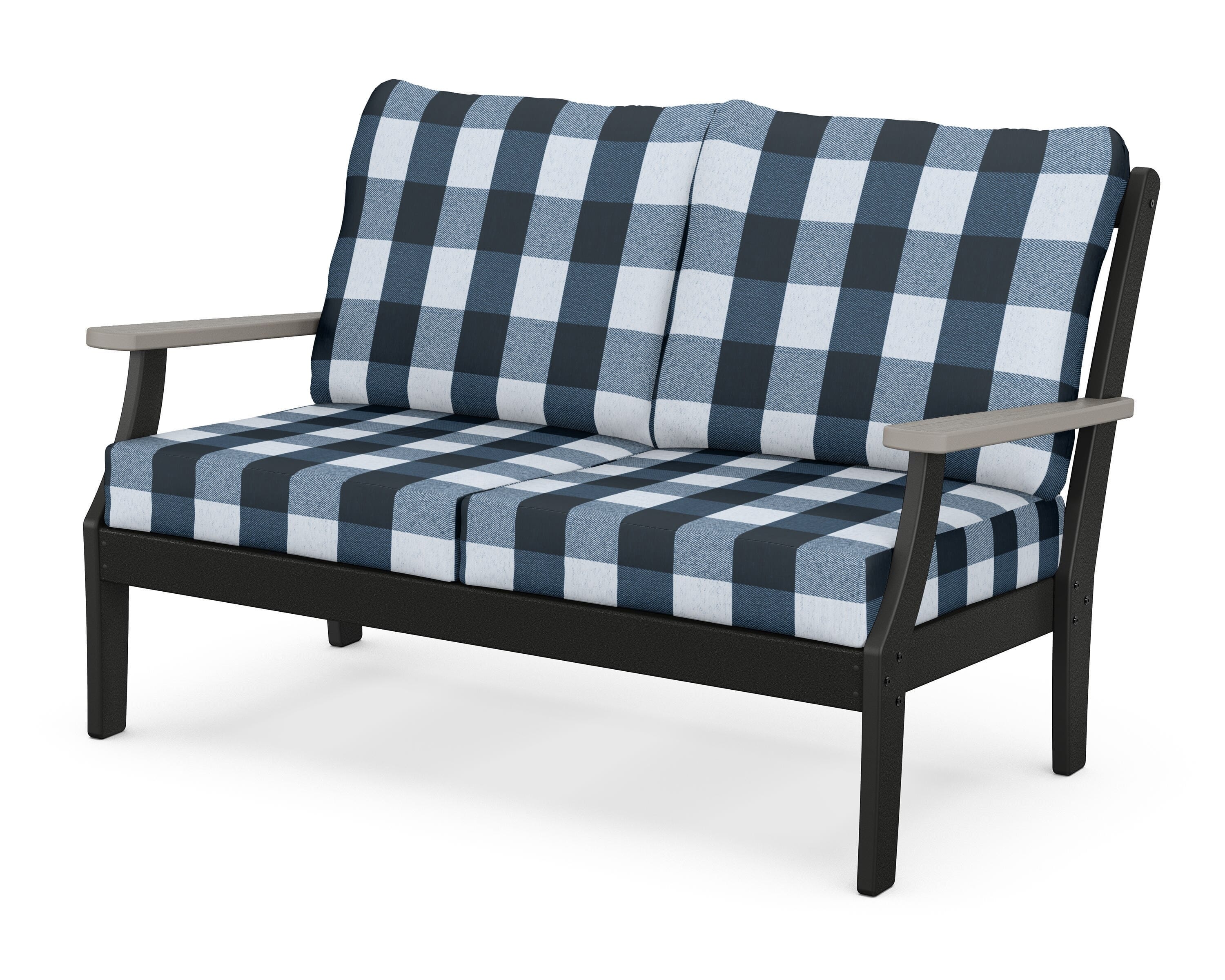 POLYWOOD® Braxton Deep Seating Loveseat in Black / Driftwood / Buffalo Plaid Marine Indigo