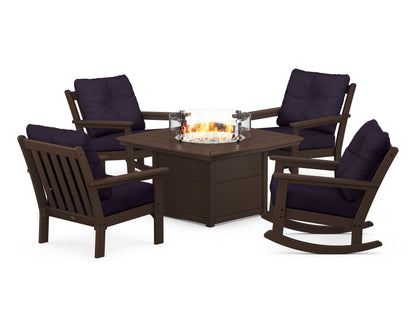 POLYWOOD® Vineyard 5-Piece Deep Seating Rocking Chair Conversation Set with Fire Pit Table in Mahogany / Navy Linen