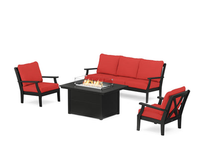 POLYWOOD® Braxton Deep Seating Fire Pit Table Set in Black / Crimson Linen