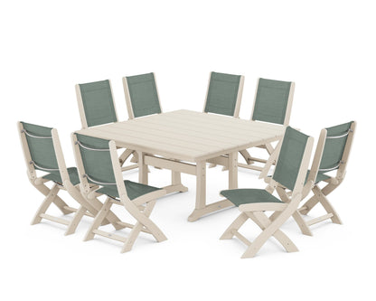 POLYWOOD® Coastal Folding Side Chair 9-Piece Farmhouse Dining Set in Sand / Dupioni Sea Mist Sling