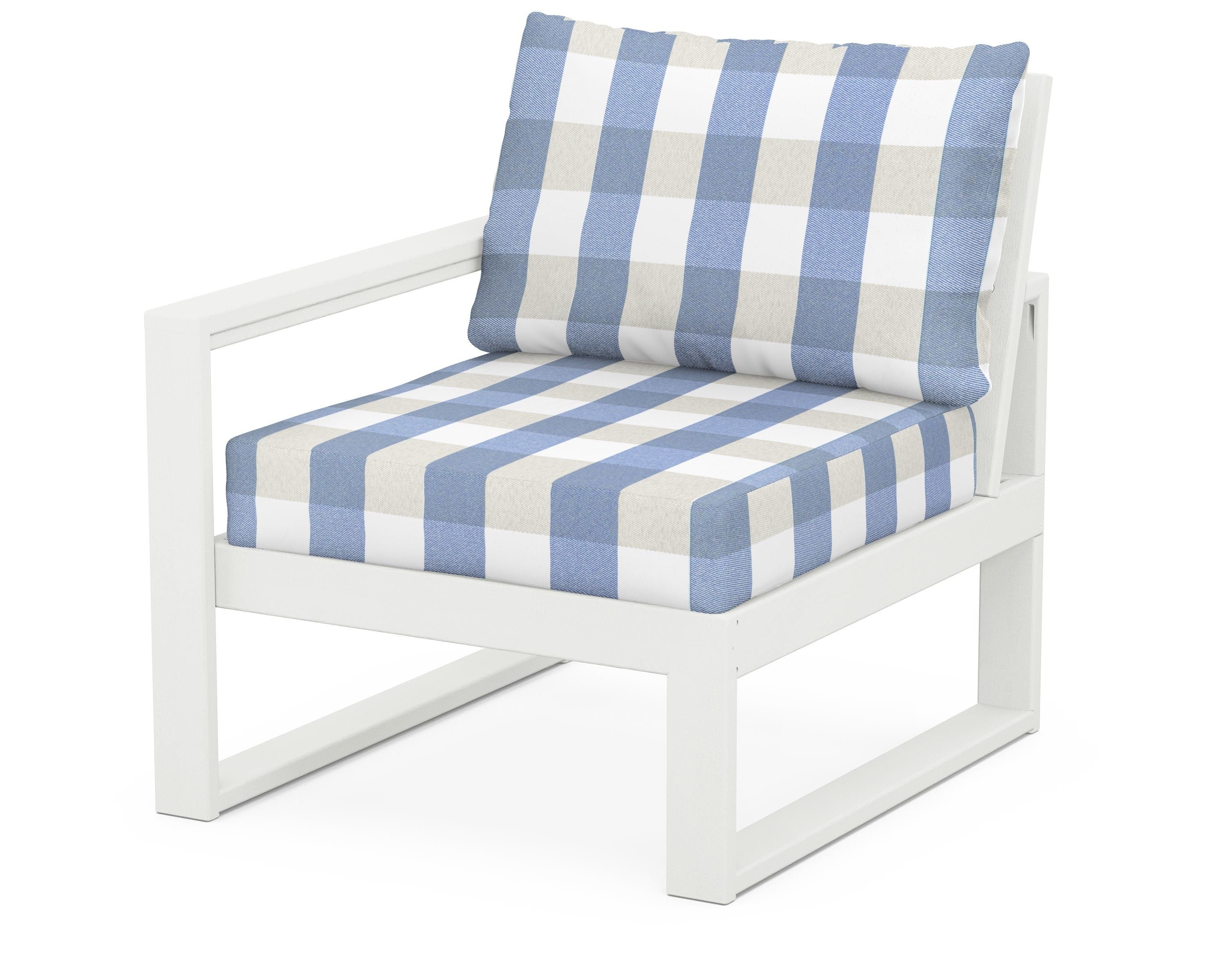 POLYWOOD® EDGE Modular Left Arm Chair in Vintage White / Buffalo Plaid Sky Blue