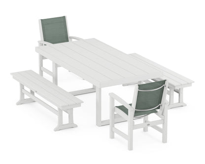 POLYWOOD® Coastal 5-Piece Dining Set with Trestle Legs in White / Dupioni Sea Mist Sling