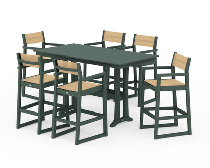 POLYWOOD® EDGE Sling Arm Chair 7-Piece Farmhouse Bar Set with Trestle Legs in Green / Dupioni Apricot Sling