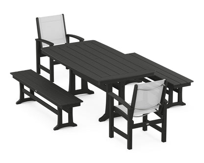 POLYWOOD® Coastal 5-Piece Dining Set with Trestle Legs and Benches in Black / White Sling