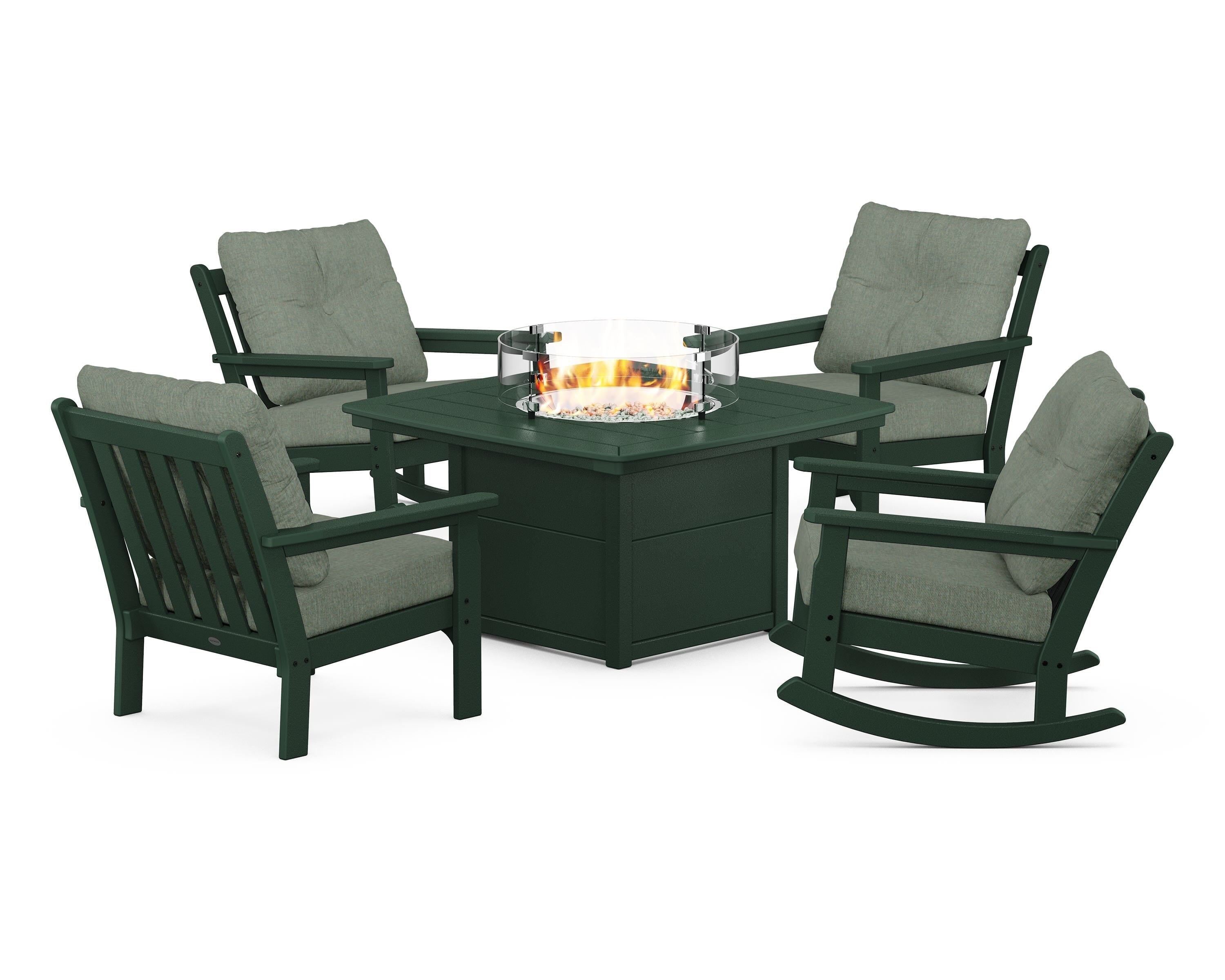 POLYWOOD® Vineyard 5-Piece Deep Seating Rocking Chair Conversation Set with Fire Pit Table in Green / Cast Sage