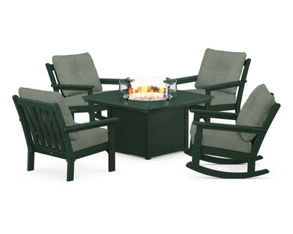 POLYWOOD® Vineyard 5-Piece Deep Seating Rocking Chair Conversation Set with Fire Pit Table in Green / Cast Sage