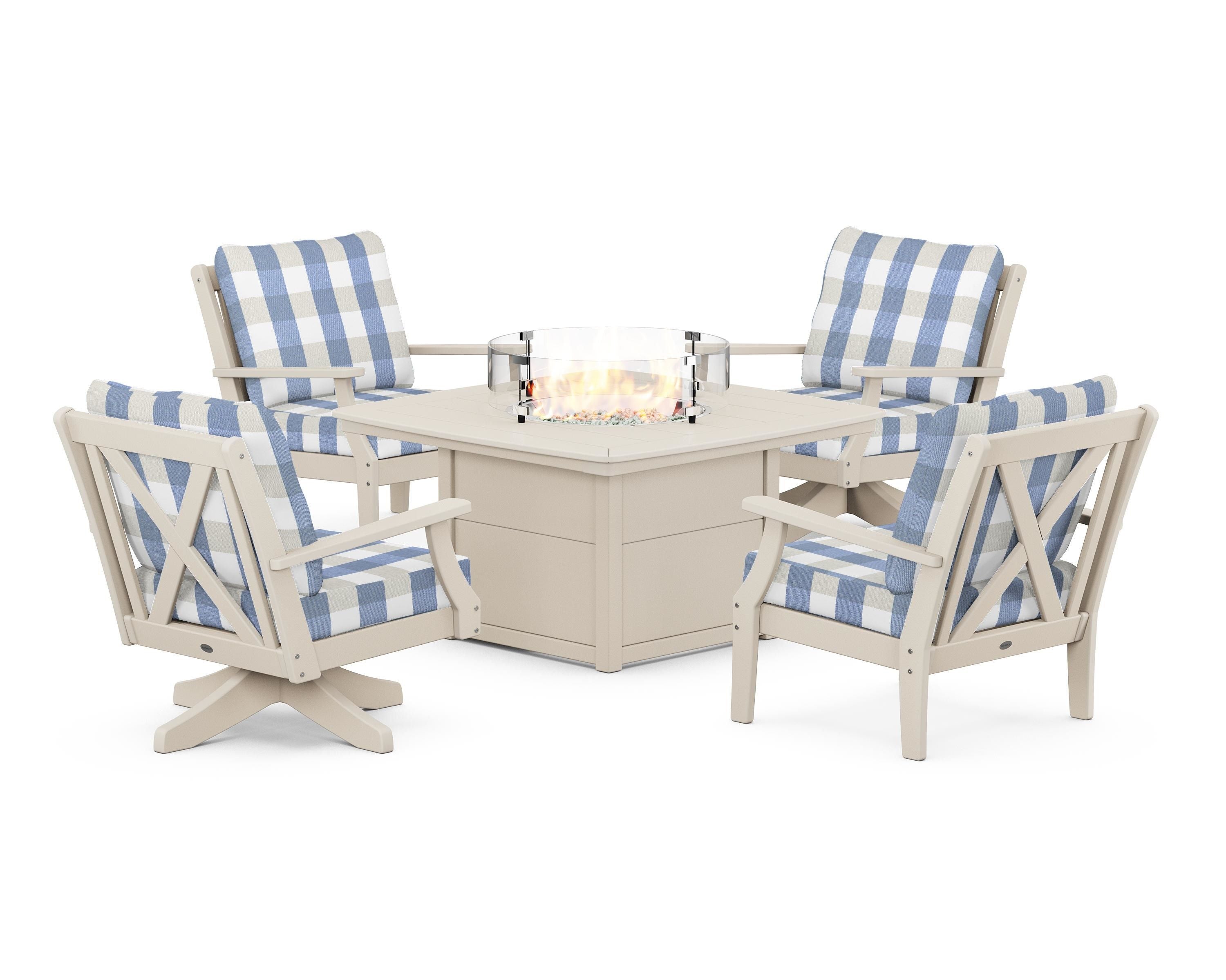 POLYWOOD® Braxton 5-Piece Deep Seating Set with Fire Table in Sand / Buffalo Plaid Sky Blue