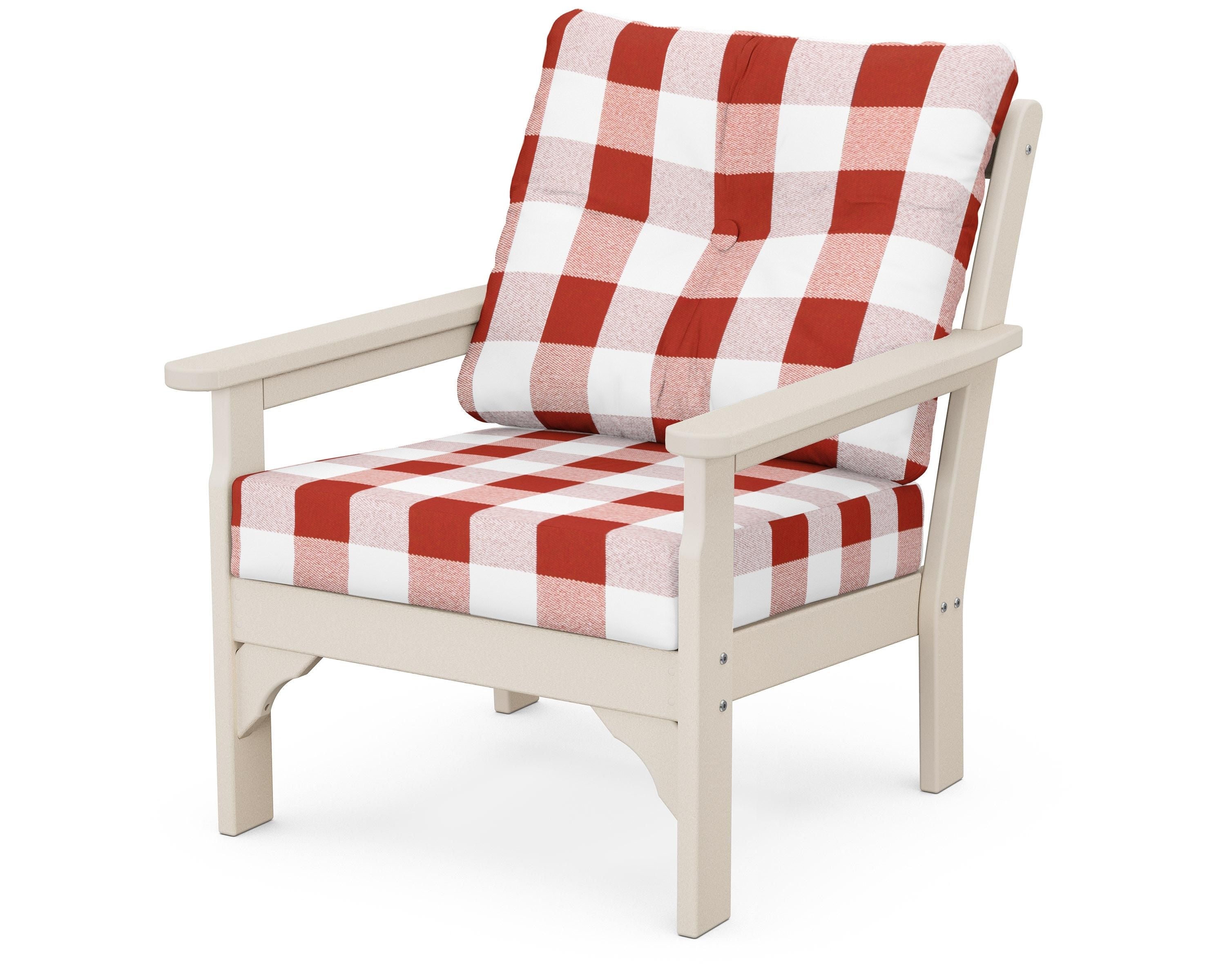 POLYWOOD® Vineyard Deep Seating Chair in Sand / Buffalo Plaid Crimson