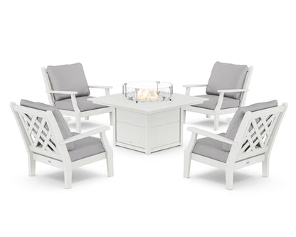 Country Living Wovendale 5-Piece Deep Seating Set with Fire Pit Table in White / Granite