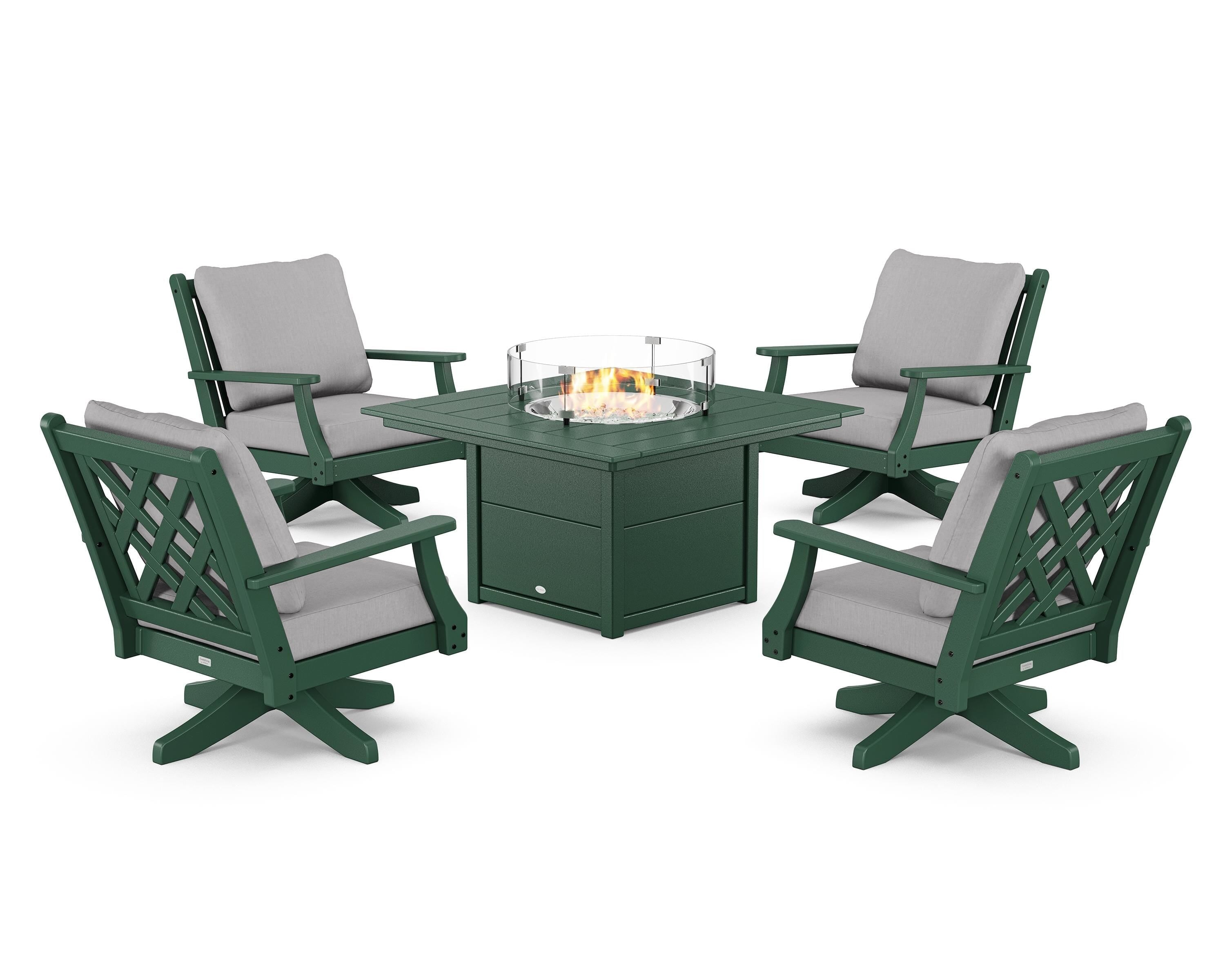 Country Living Wovendale 5-Piece Deep Seating Swivel Conversation Set with Fire Pit Table in Green / Granite